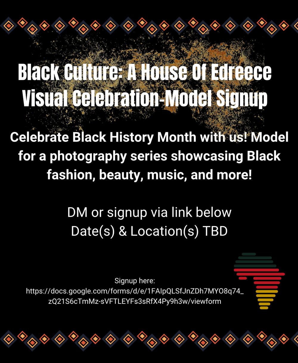 Black cultural event flyer with dark background advertising model signups for photography series celebrating fashion and music.
