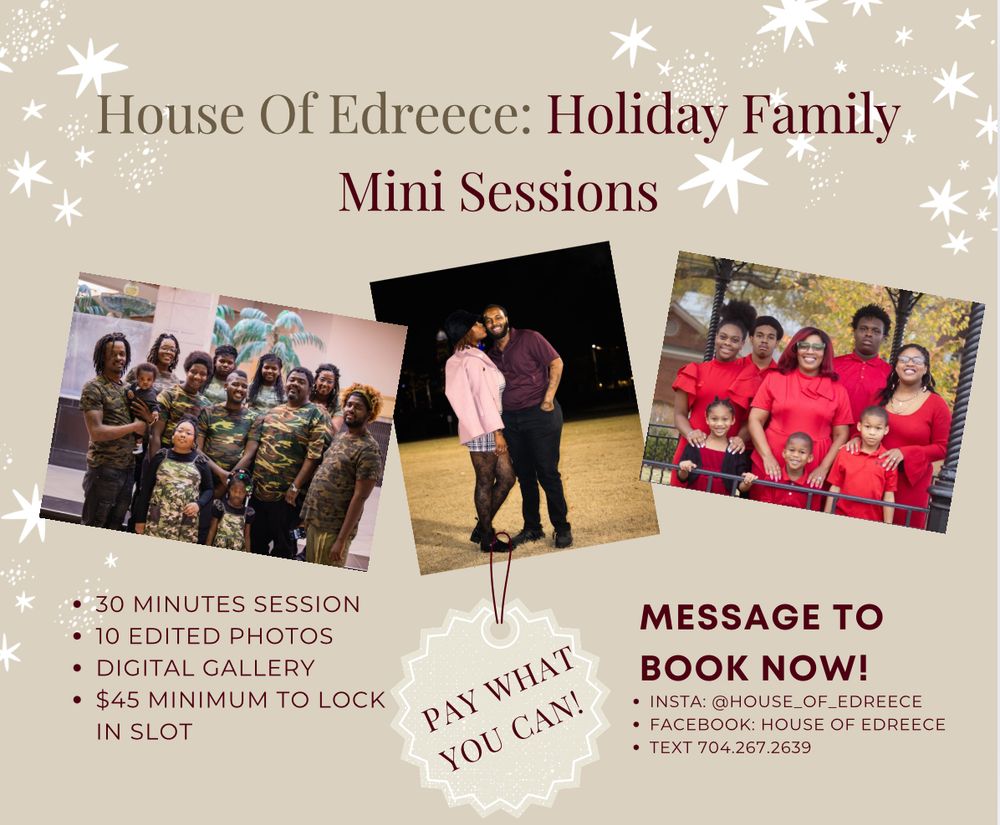 Holiday mini photography session advertisement with sample family photos and booking information on a festive background.