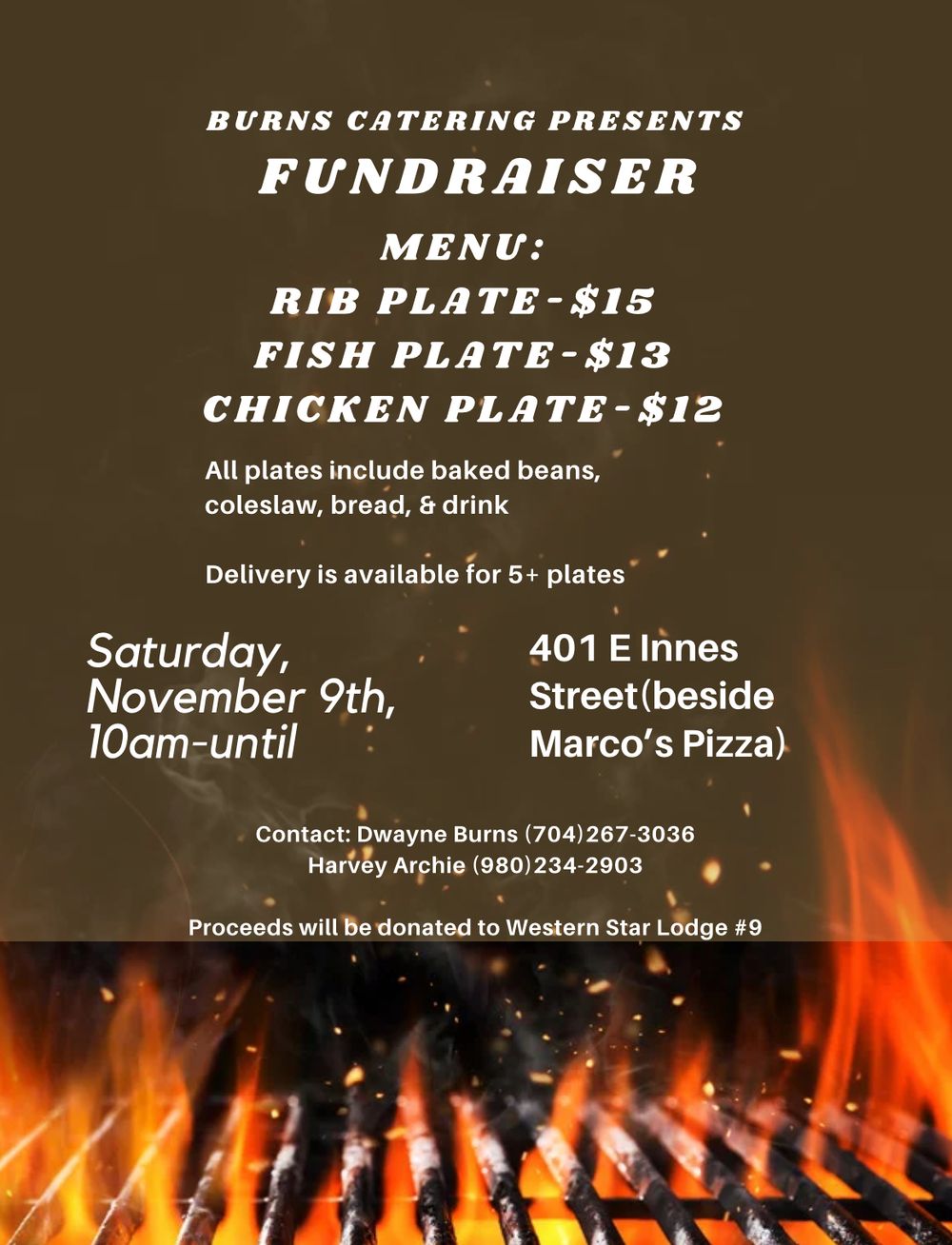Barbecue fundraiser menu advertising rib, fish and chicken plates with grilled flames in the background.