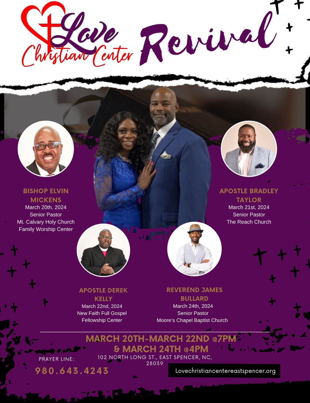 Church event promotional poster for Love Revival with various speakers and program details on purple and black background.