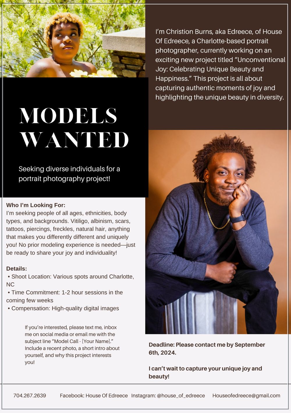 Models wanted casting call poster showing photography project details surrounded by natural greenery and lighting details.