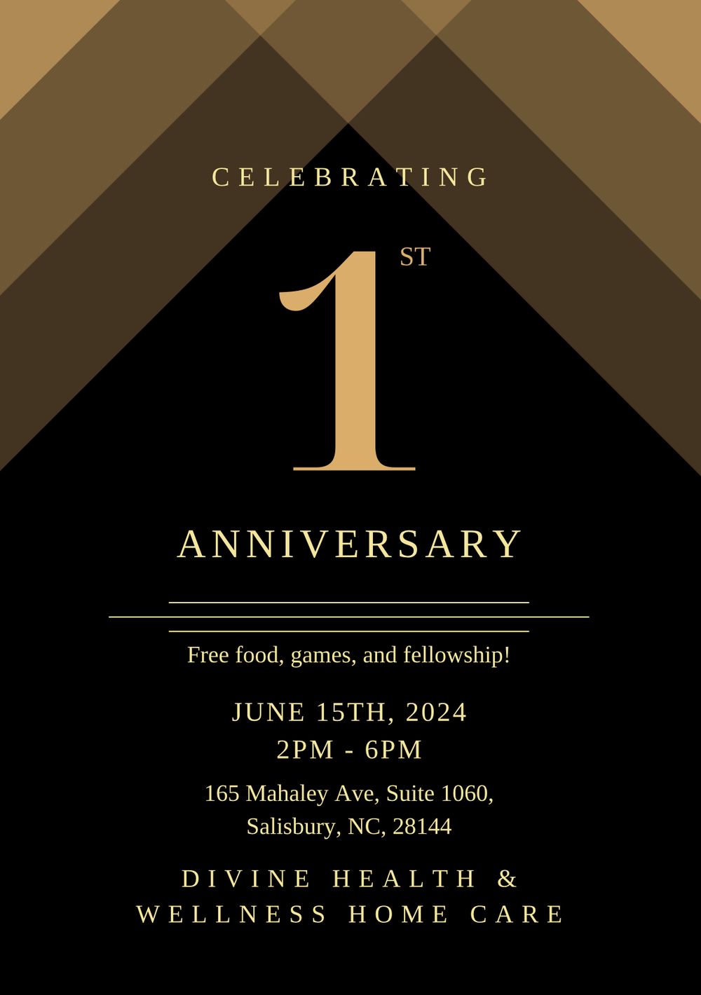 Elegant black and gold first anniversary invitation for Divine Health & Wellness Home Care event with celebration details.