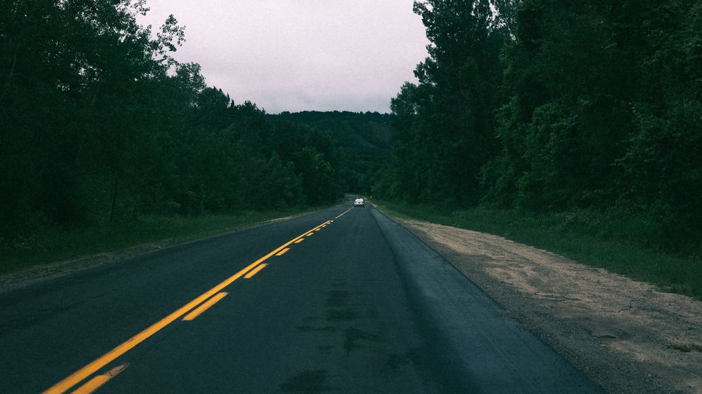 Dark empty road through forest at dusk with yellow dividing lines.
