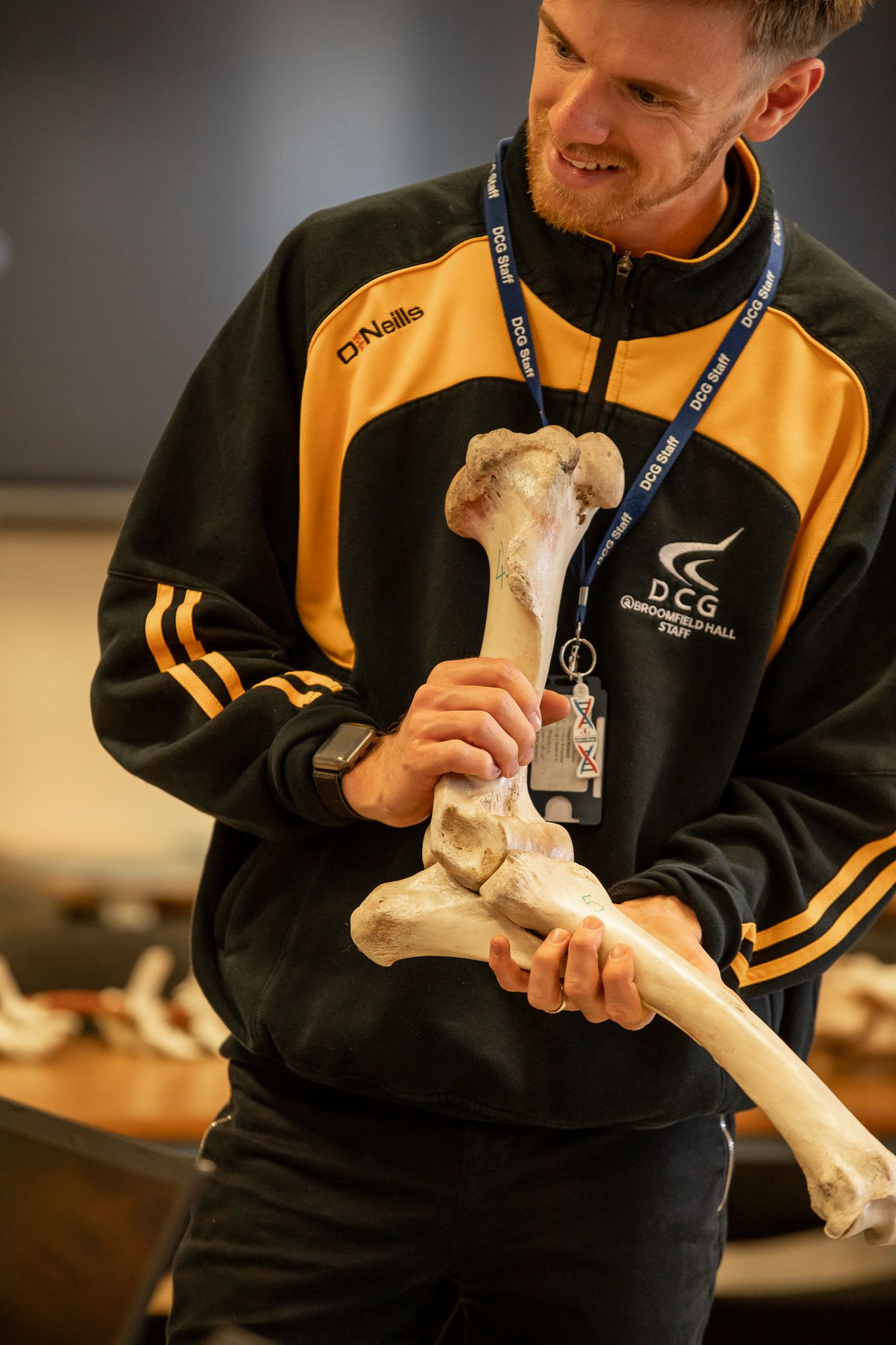 A person wearing a DCG black and yellow tracksuit holds and examines a large bone specimen.