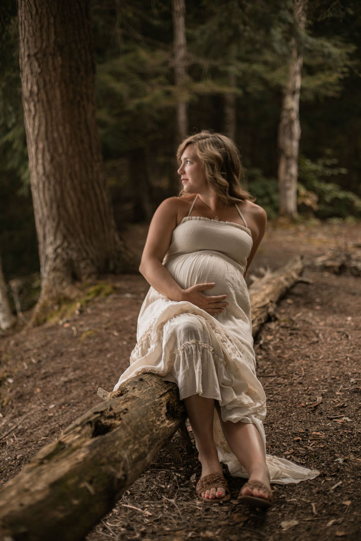 A pregnant woman in a gray dress is embraced from behind while standing in a golden autumn field at sunset.