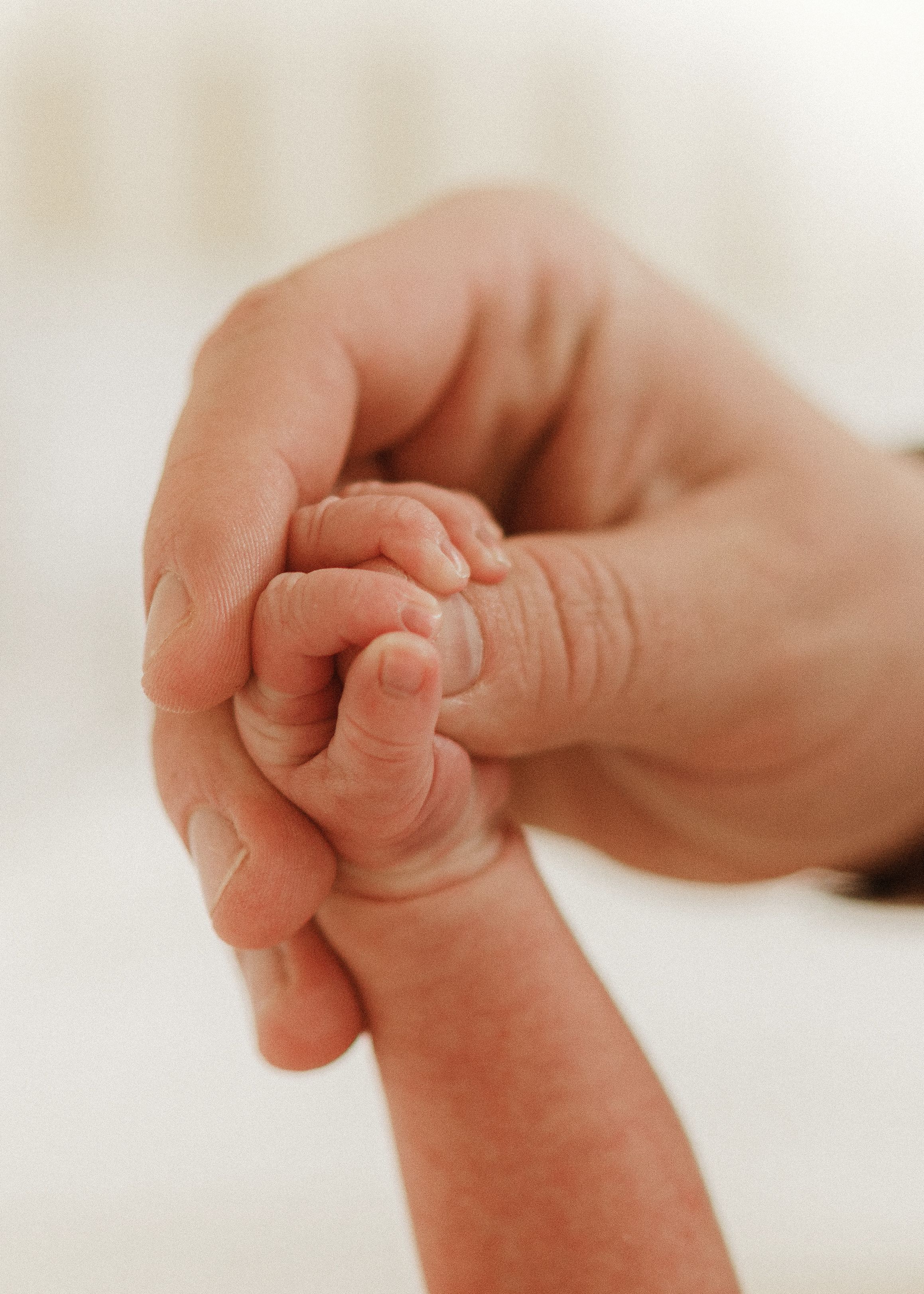 Series of close-up shots showing tiny newborn baby hands being held.