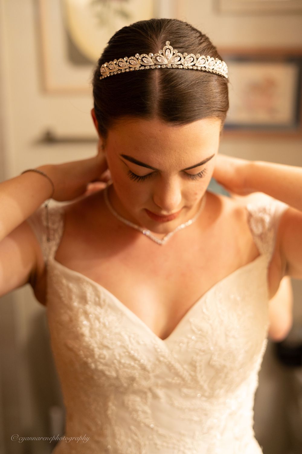 Elegant bridal portrait showing sparkly tiara and sweetheart neckline lace wedding gown.