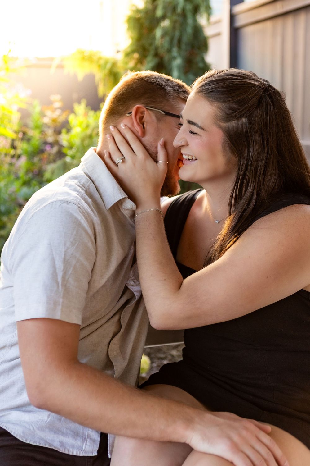A couple shares an intimate moment together in a series of romantic outdoor photos.