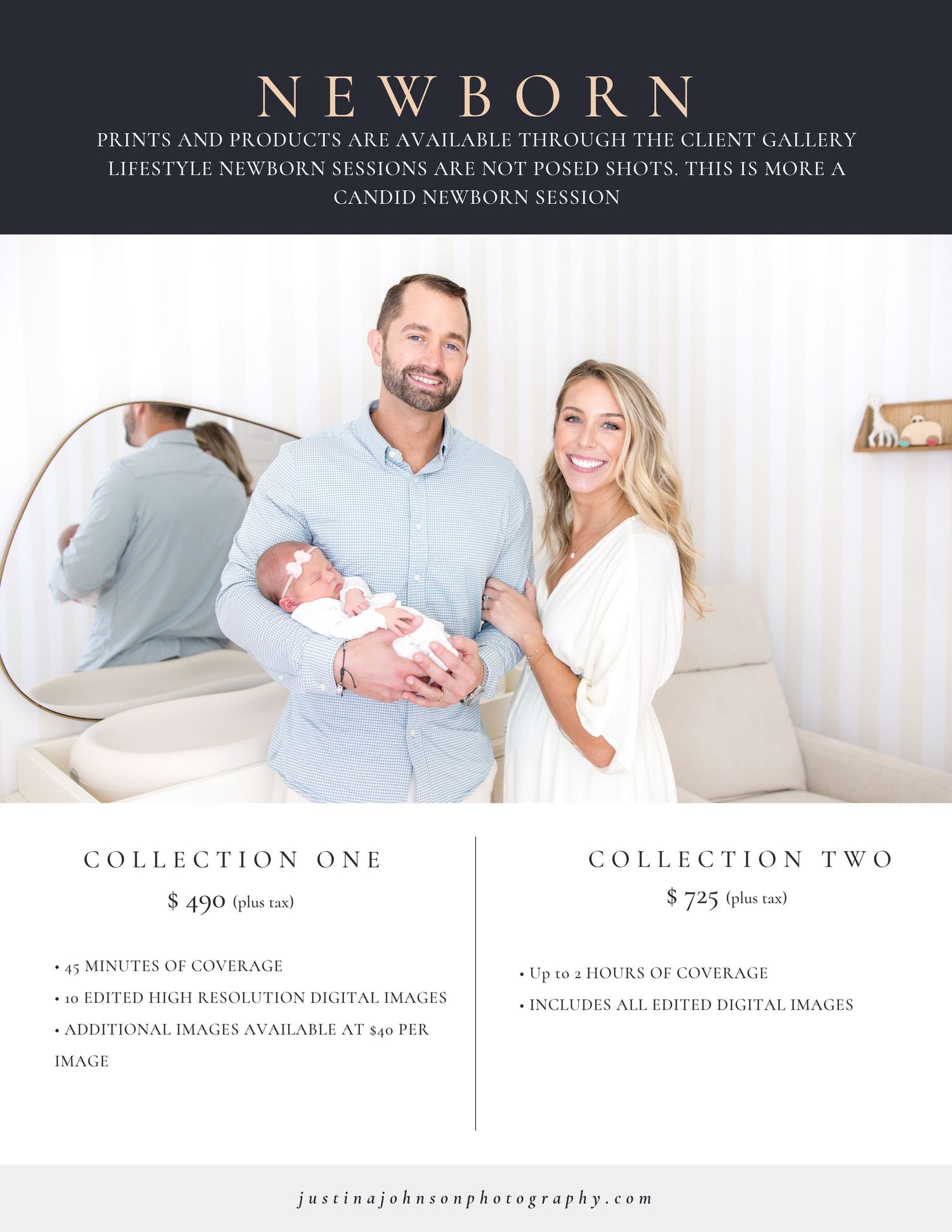 Photography studio pricing guide featuring newborn session packages and collection options.