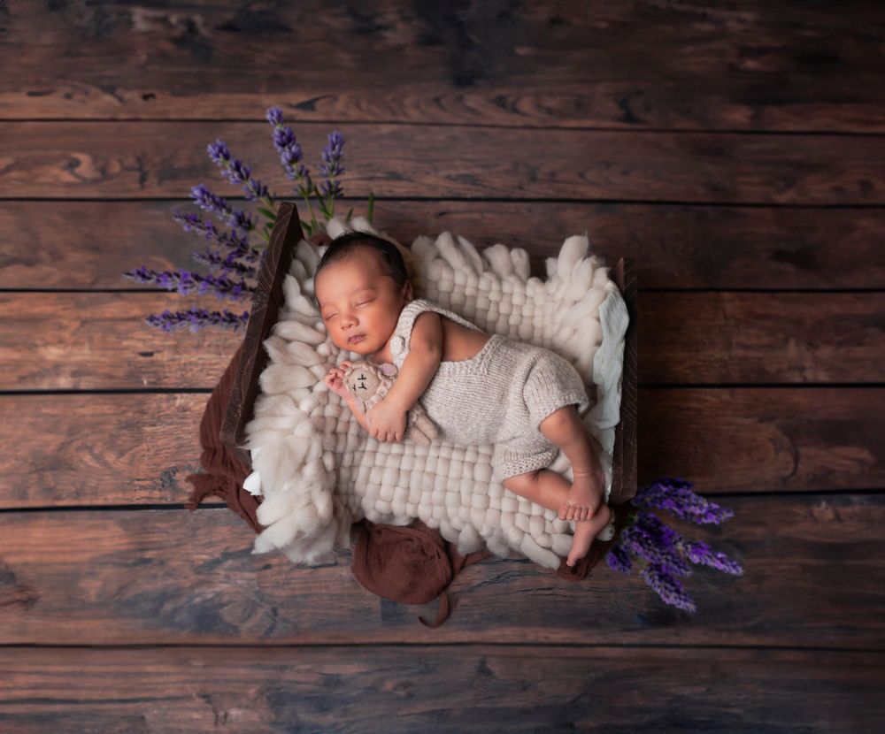 Newborn baby sleeping in a wooden bowl with soft blankets and lavender flowers. Toronto newborn photography.