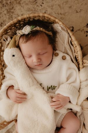 Sleeping newborn wearing white outfit with delicate floral crown.