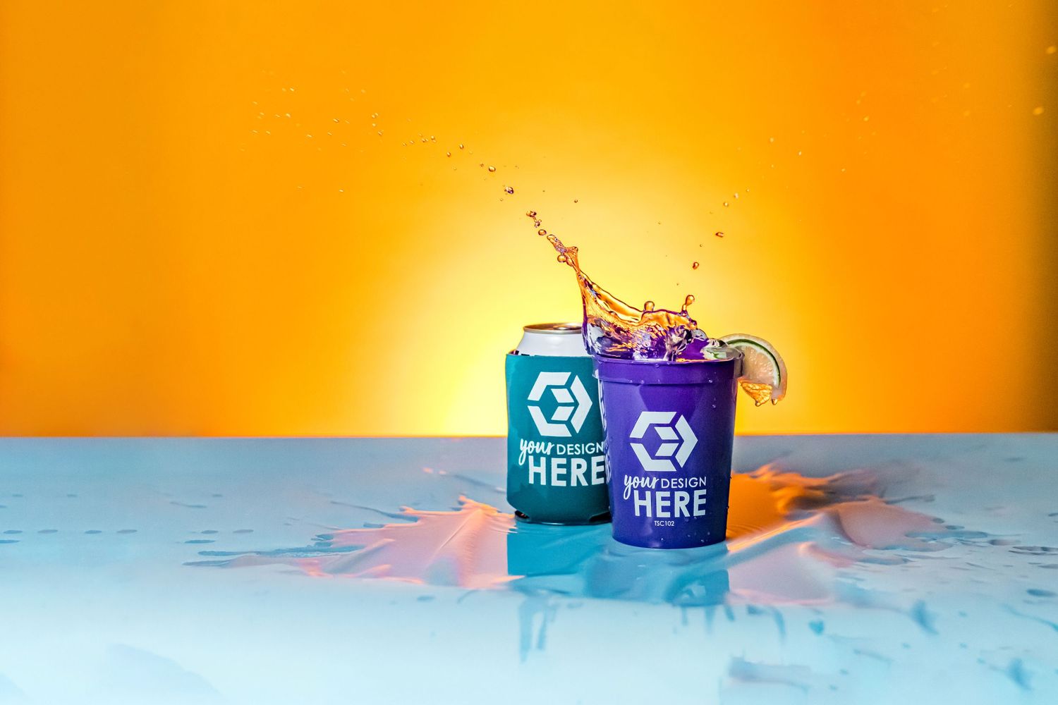 custom can cooler and cup with water splash