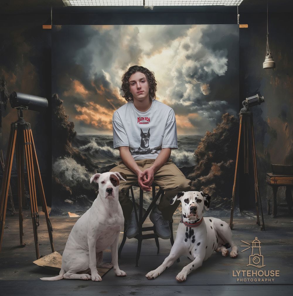A series of five studio portraits showing a person with two dogs against a dramatic cloudy backdrop and wooden stools.