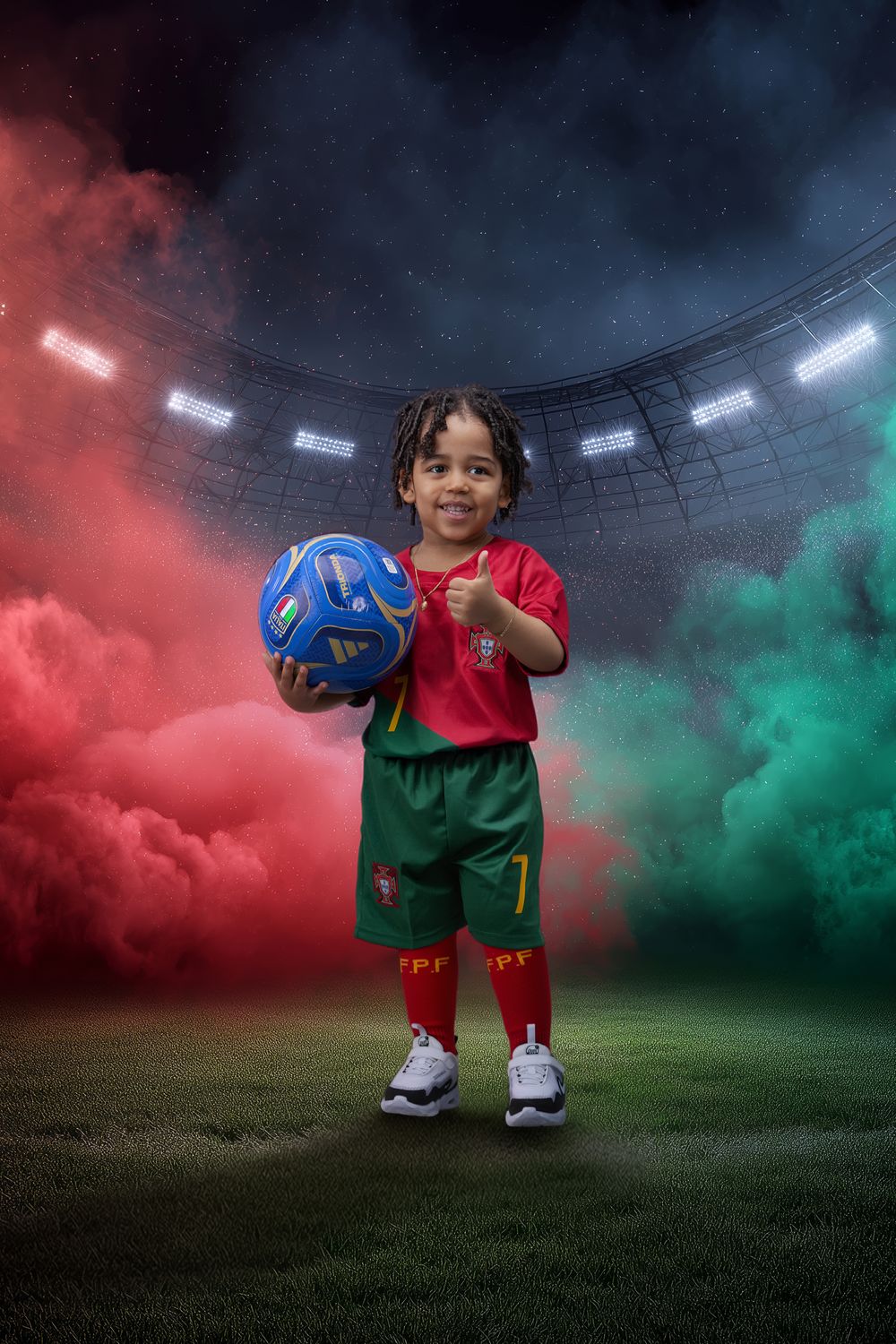 Young boy in Portugal soccer uniform holds a blue ball on a stadium field with colorful red and green smoke.