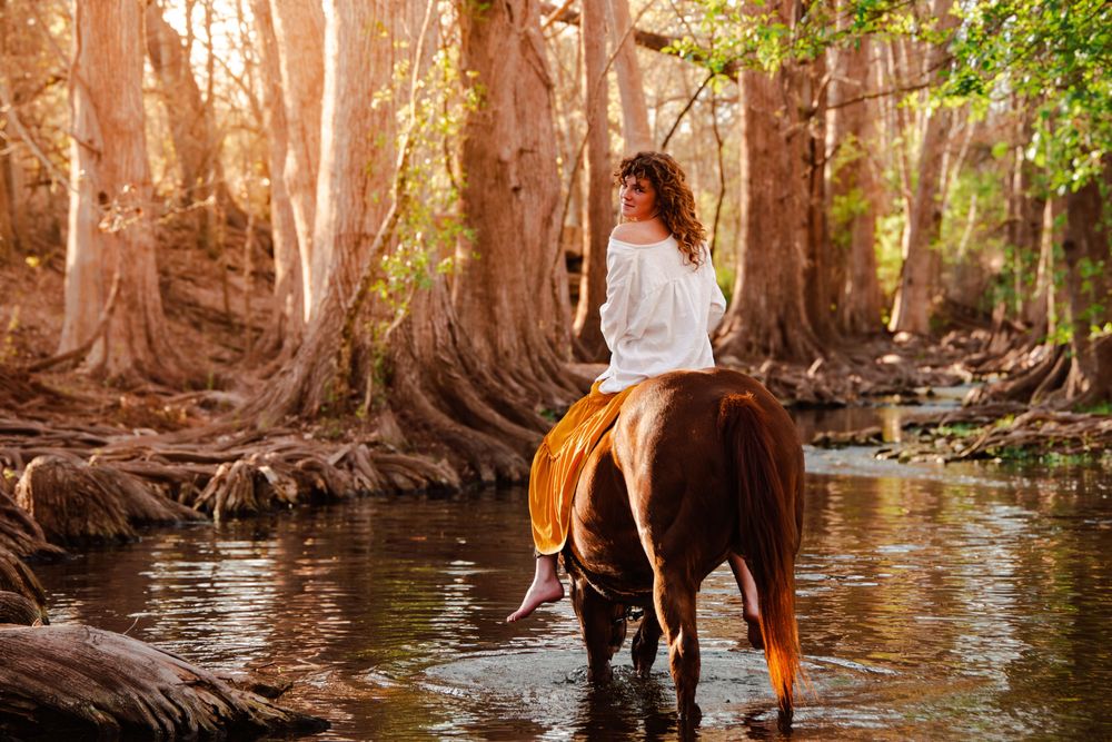Woman riding her horse through a cypress-lined creek near San Antonio, Texas