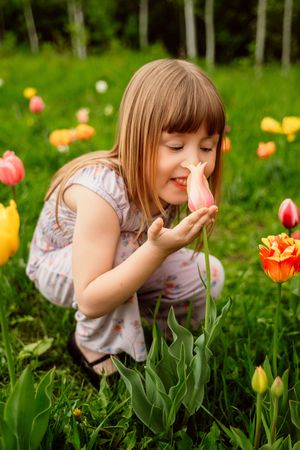 Young girl crouching in a colorful tulip garden, smelling a pink tulip bloom surrounded by red and yellow flowers.