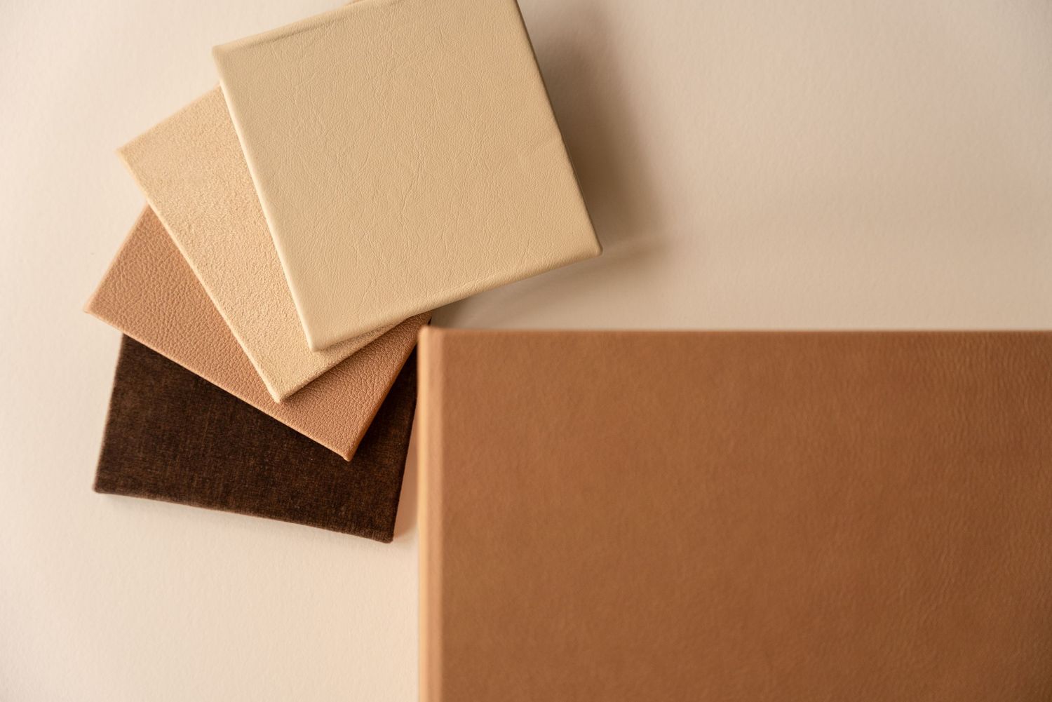 Fan of square color swatches in cream, tan, caramel and dark brown beside a larger terracotta tile on a soft beige background.