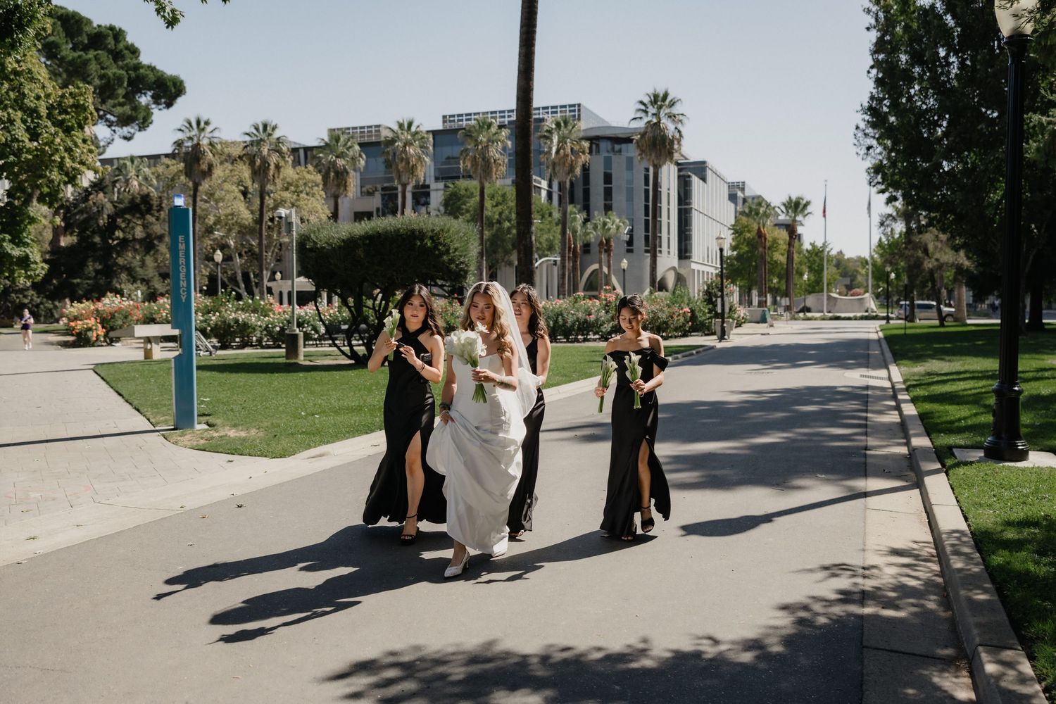 Bride in a white gown walks down a sunny palm-lined path with her bridesmaids in black dresses, holding bouquets.