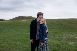 Broadway Tower engagement photography at sunset.