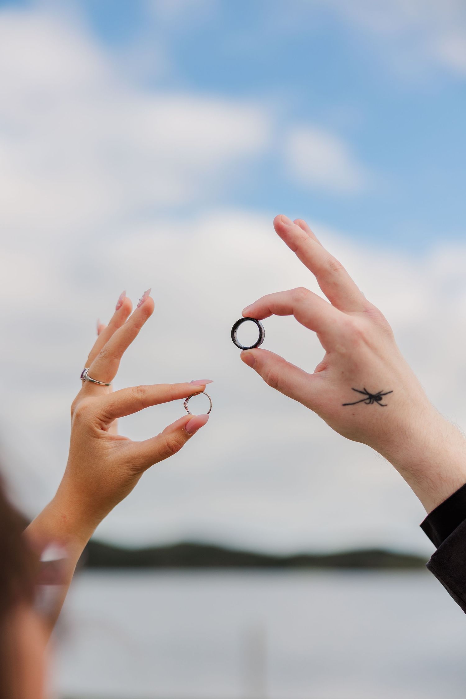 Two hands holding wedding rings outdoors with a lake and cloudy sky backdrop, one hand featuring a small airplane tattoo.