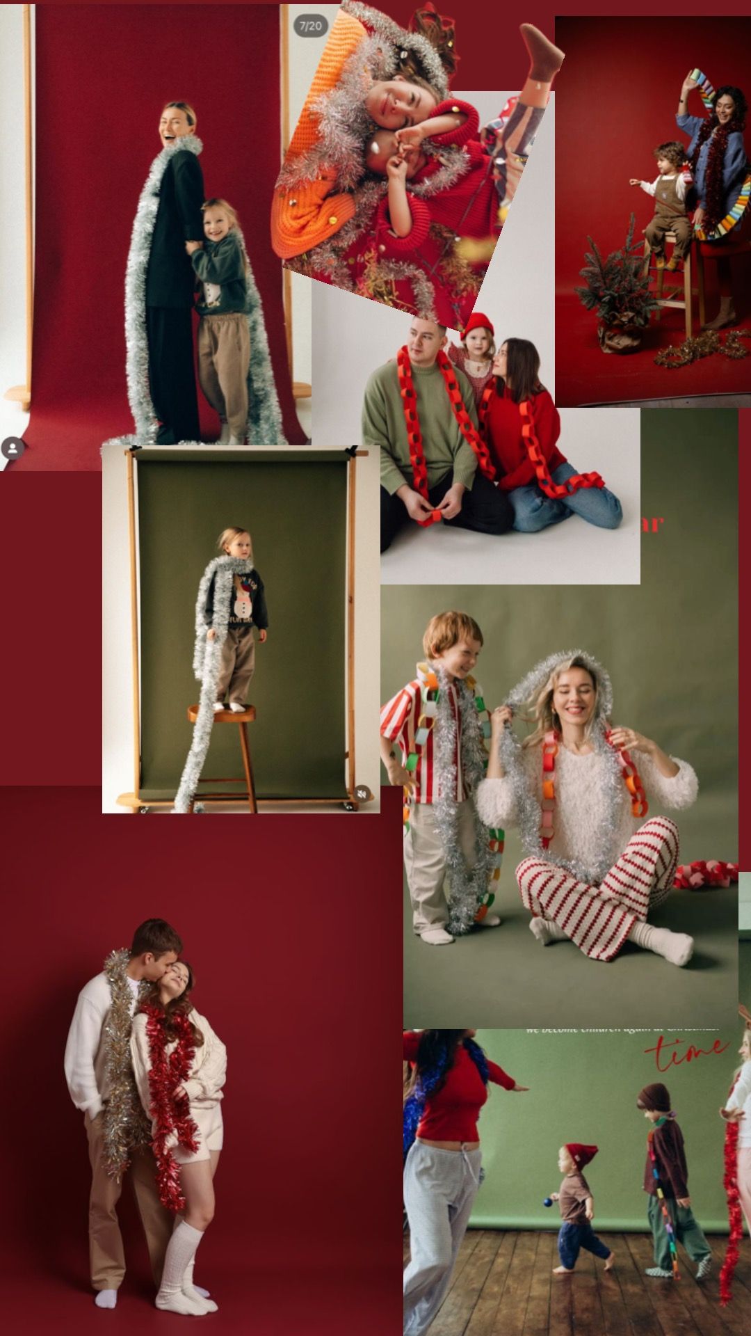 A festive holiday fashion collage featuring couples and families in colorful Christmas-themed outfits on red and green backgrounds.