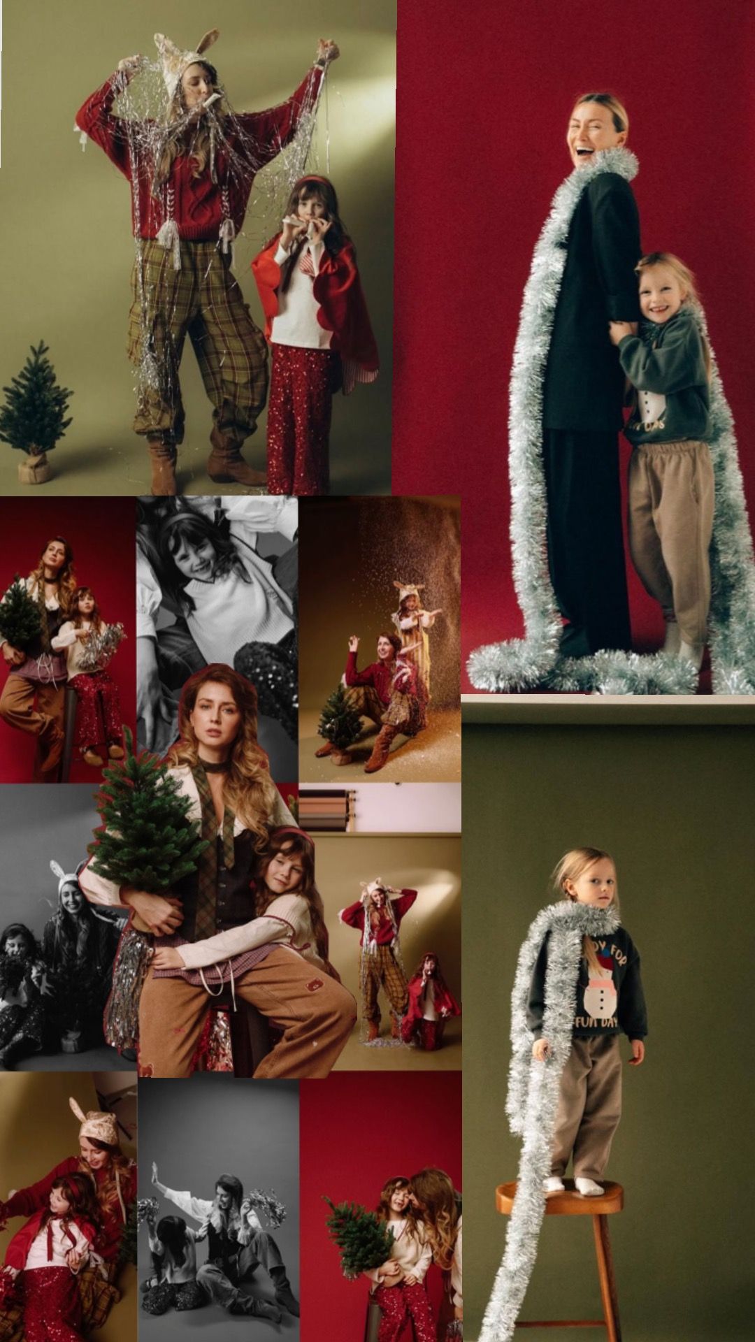 A festive holiday photo collage featuring adults and children in Christmas-themed costumes and tinsel decorations.