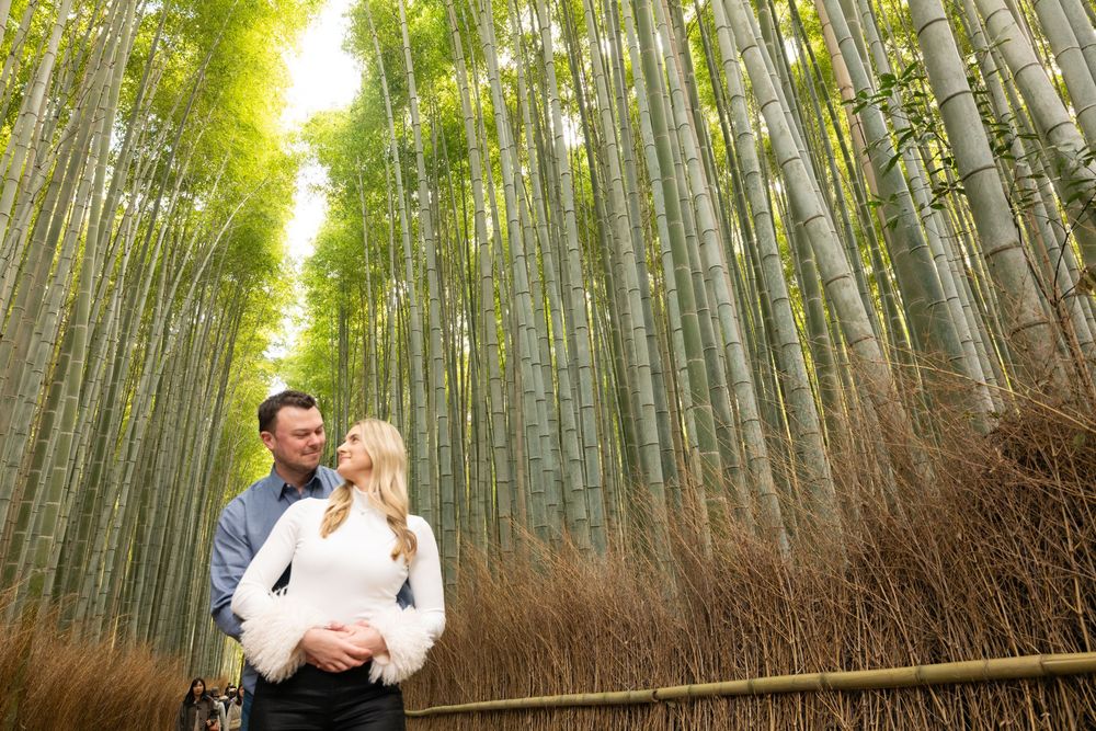 Couple embracing in a lush green bamboo forest, with tall bamboo stalks and golden sunlight filtering through the canopy above.