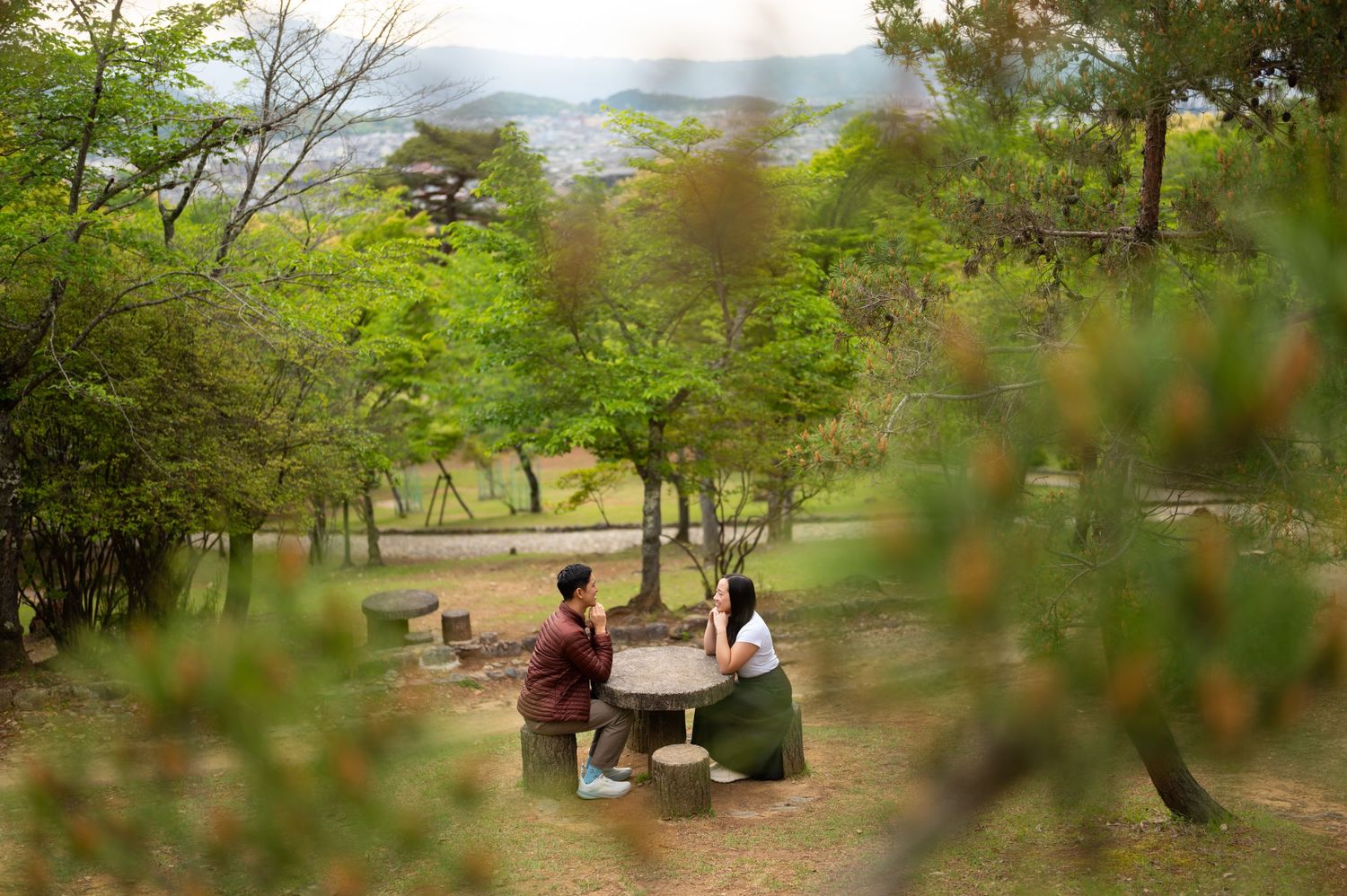 Two people sit facing each other at a stone table in a lush green park, with trees and distant misty mountains in the background.
