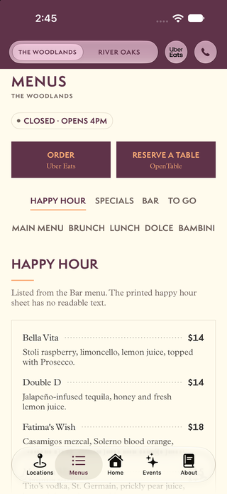 Mobile app screenshot showing a restaurant happy hour menu with cocktails like Bella Vita and Double D priced at $14.
