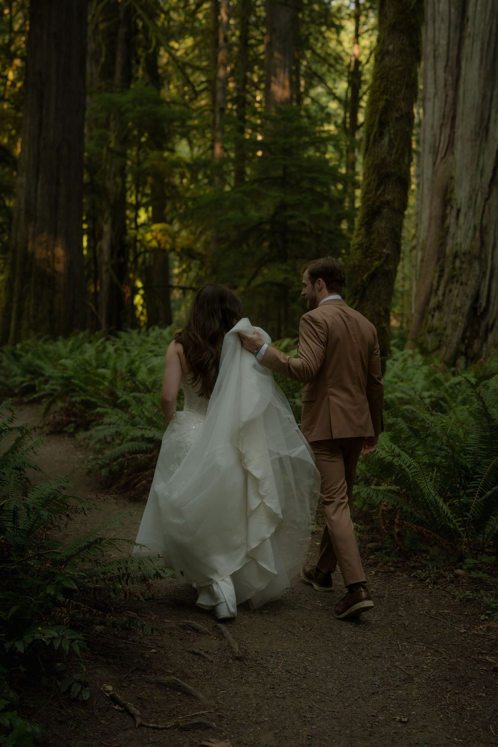Bride and groom walking hand in hand through a lush redwood forest on their wedding day.