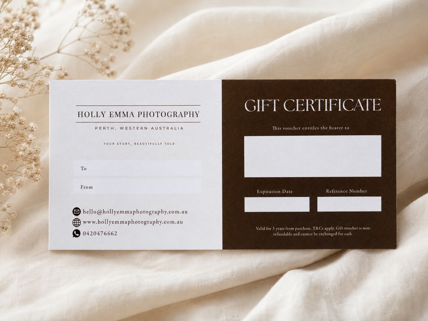 Holly Emma Photography gift certificate card set with elegant brown and white design, Perth Western Australia.