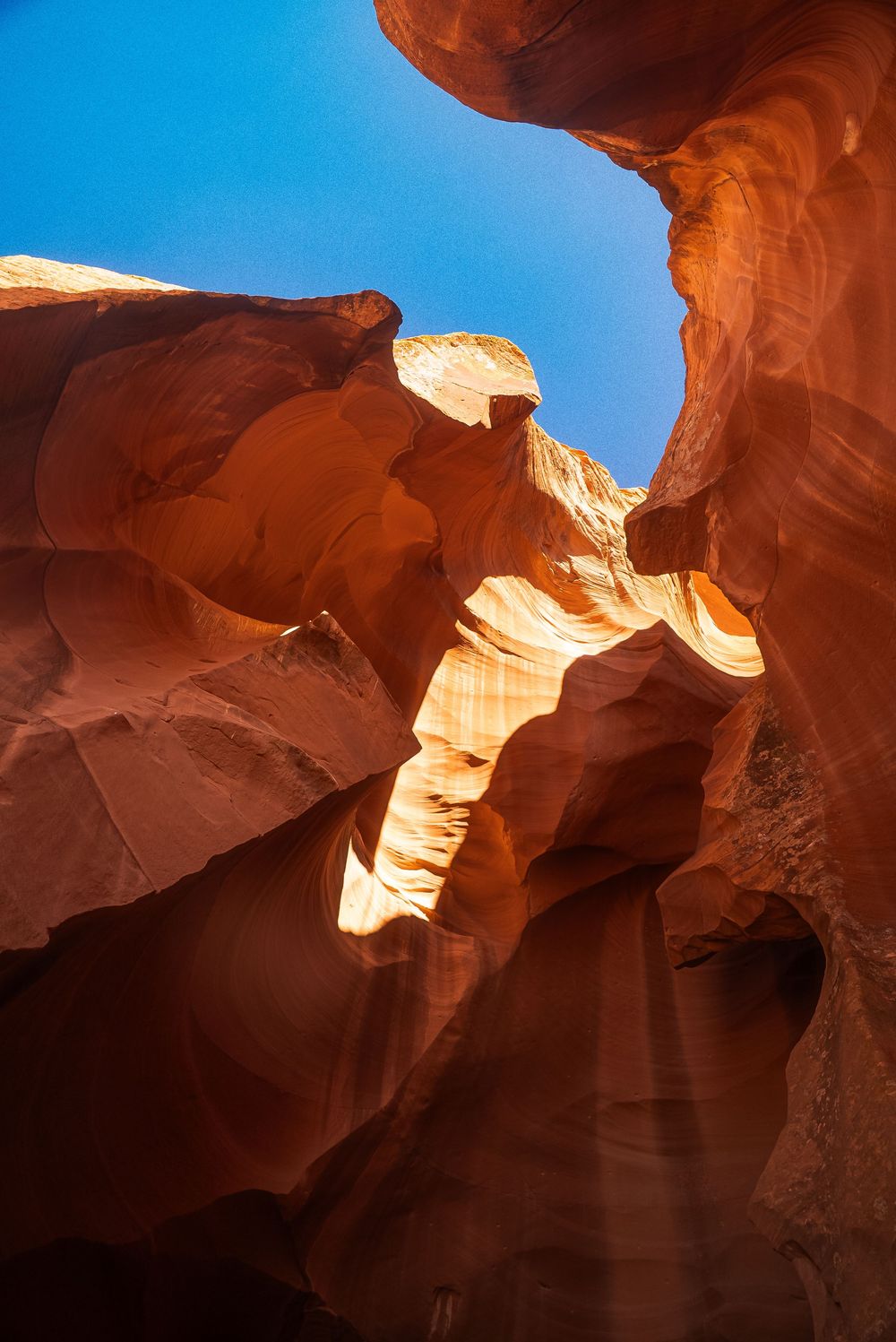 Stunning Antelope Canyon slot canyon with glowing orange sandstone walls and narrow opening revealing blue sky above.