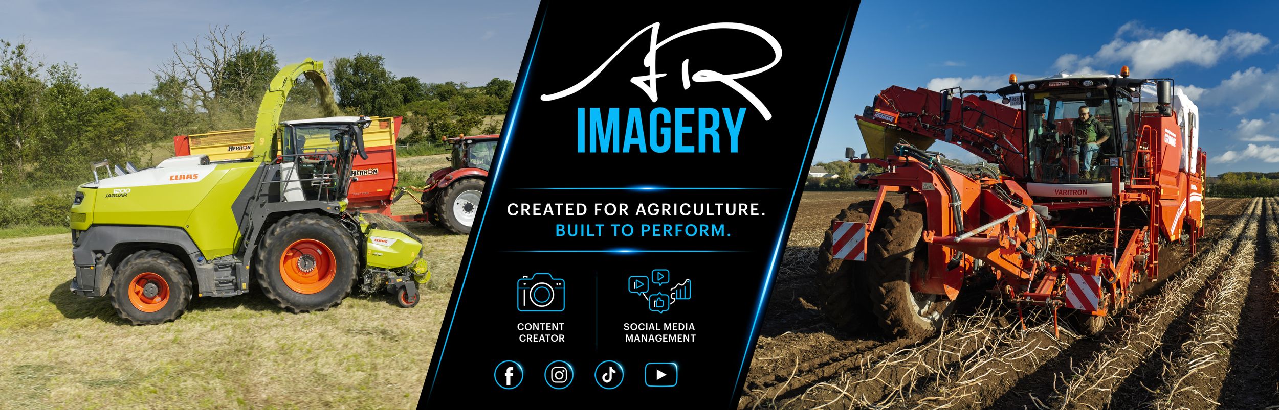 AR Imagery Film & Photo logo promoting agricultural content creation and social media management services with farm equipment imagery.