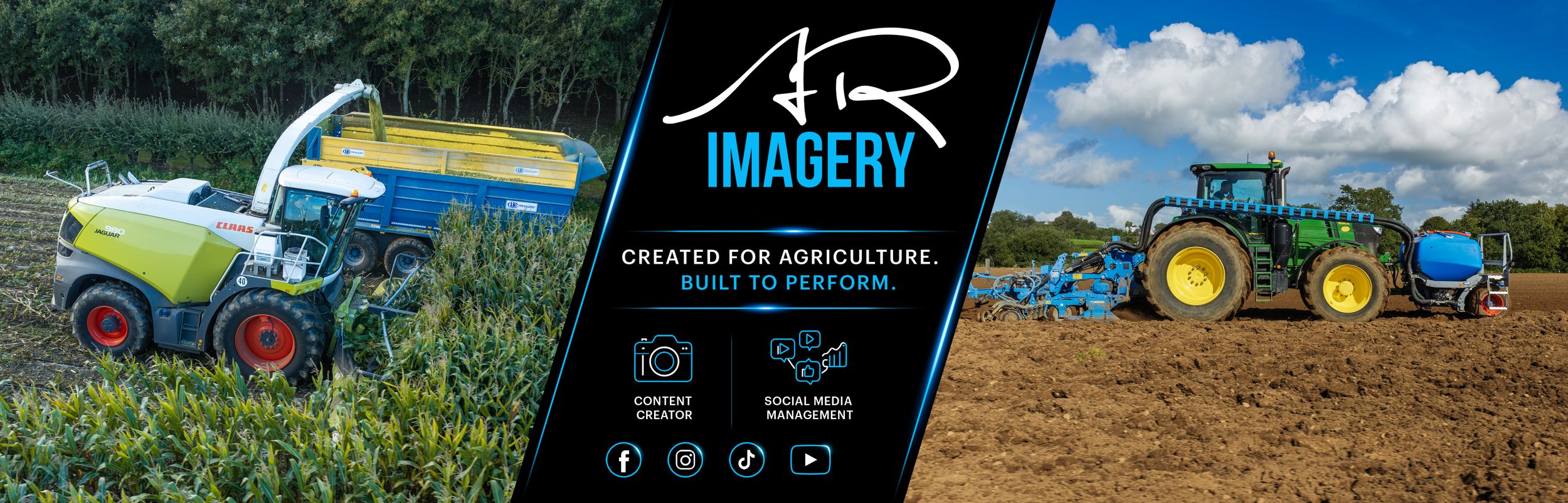AR Imagery Film & Photo logo promoting agricultural content creation and social media management services with farm equipment imagery.
