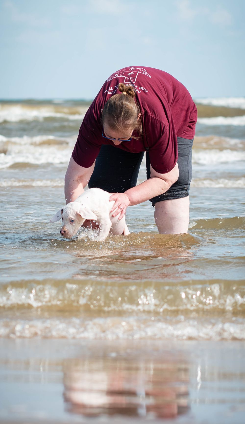 Woman in maroon shirt bending over to hold a small white dog in shallow ocean waves at the beach.