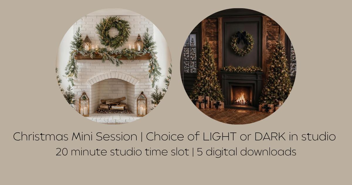 Two circular Christmas studio backdrops showing light and dark fireplace settings with festive decor for mini photo sessions.