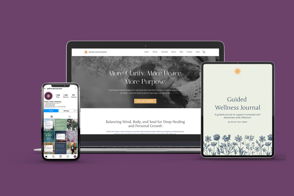 Wellness website displayed on laptop, phone, and tablet with a guided wellness journal, featuring a calming purple and green design.