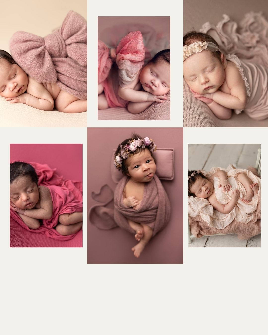 Collage of five newborn baby girls posed in pink and mauve wraps, bows, and floral headbands on soft backdrops.