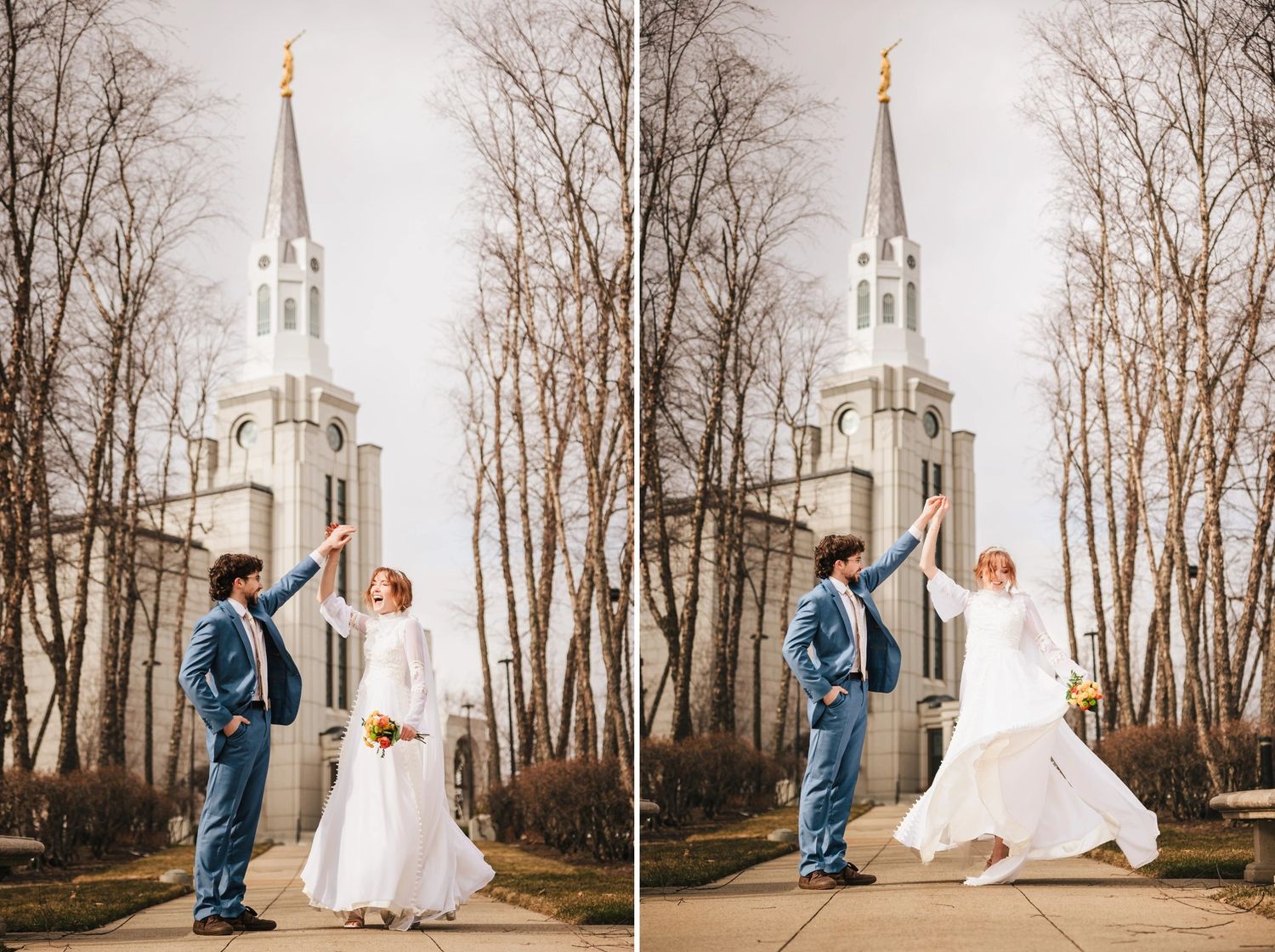 Bride and groom posing together in front of Boston Massachusetts template, groom lifting bride's hand in celebration.