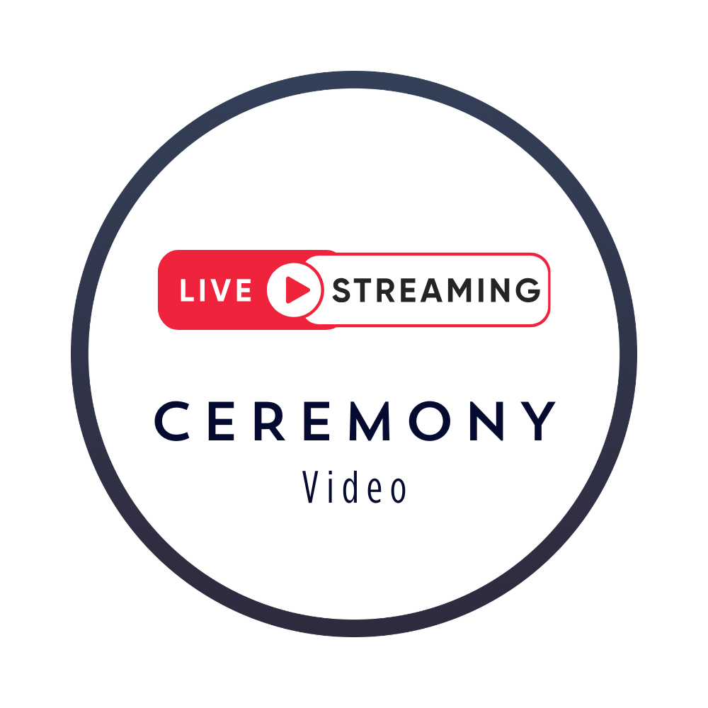 Live streaming ceremony video logo with a red live badge and play button icon inside a dark circle.