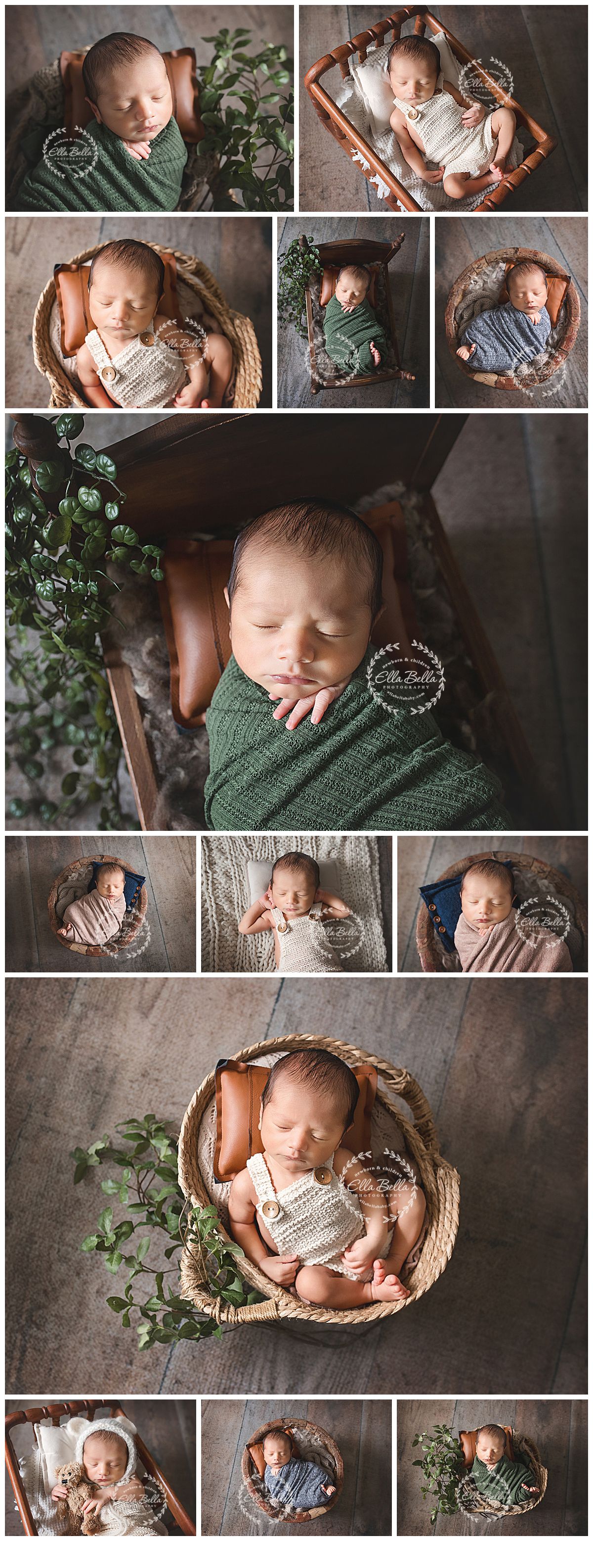 Newborn baby boy posed in baskets and wraps with green foliage props in a professional studio photo collage.