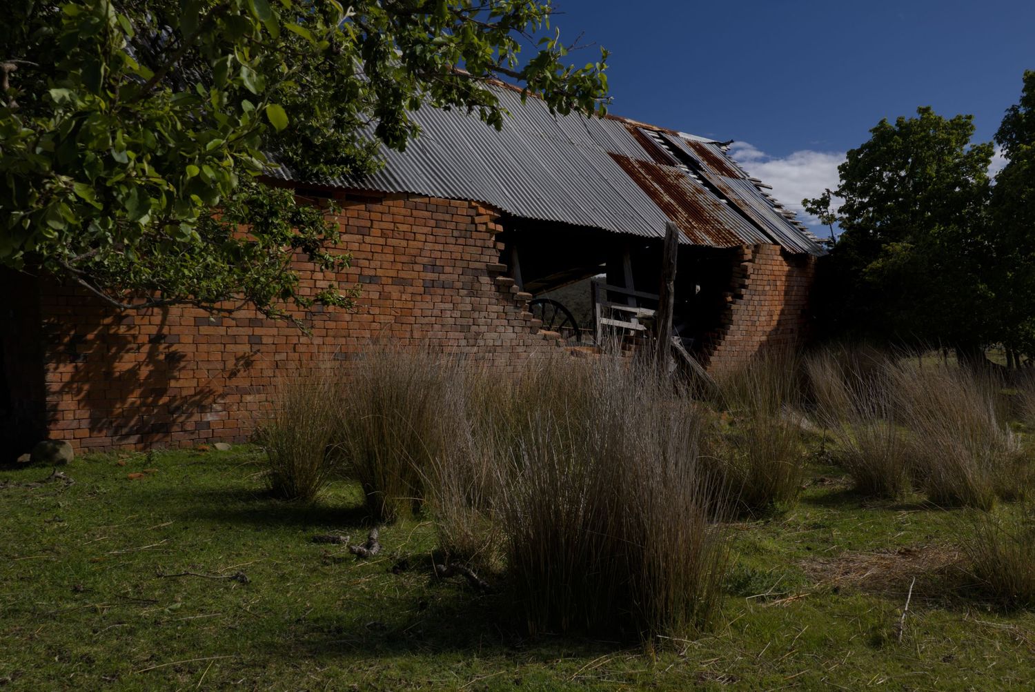 Abandoned red brick building with damaged corrugated metal roof surrounded by overgrown grass and trees.