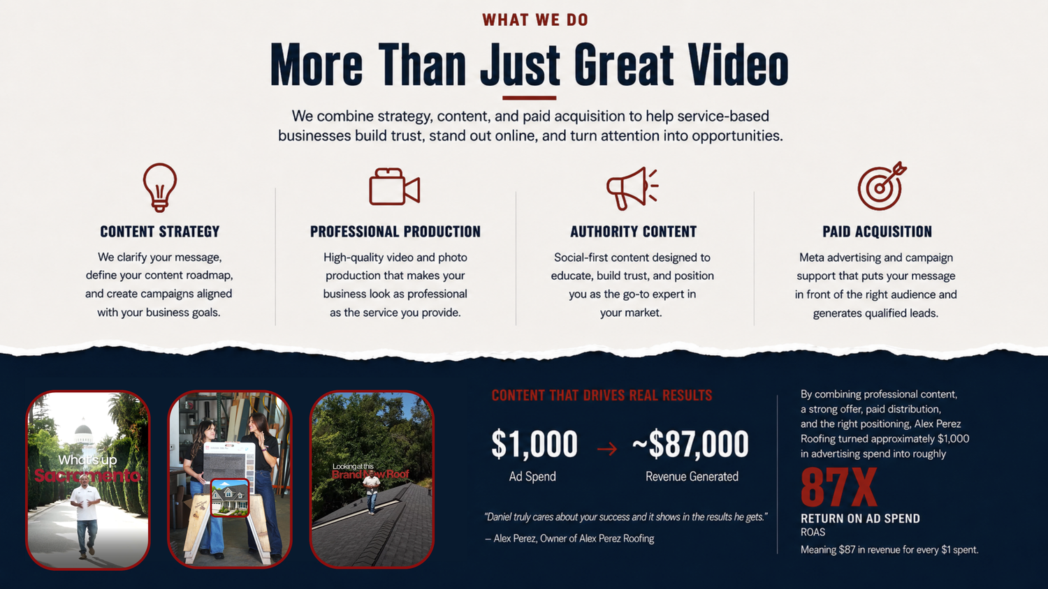 Professional video marketing agency offering content strategy, production, authority content, and paid acquisition services for businesses.
