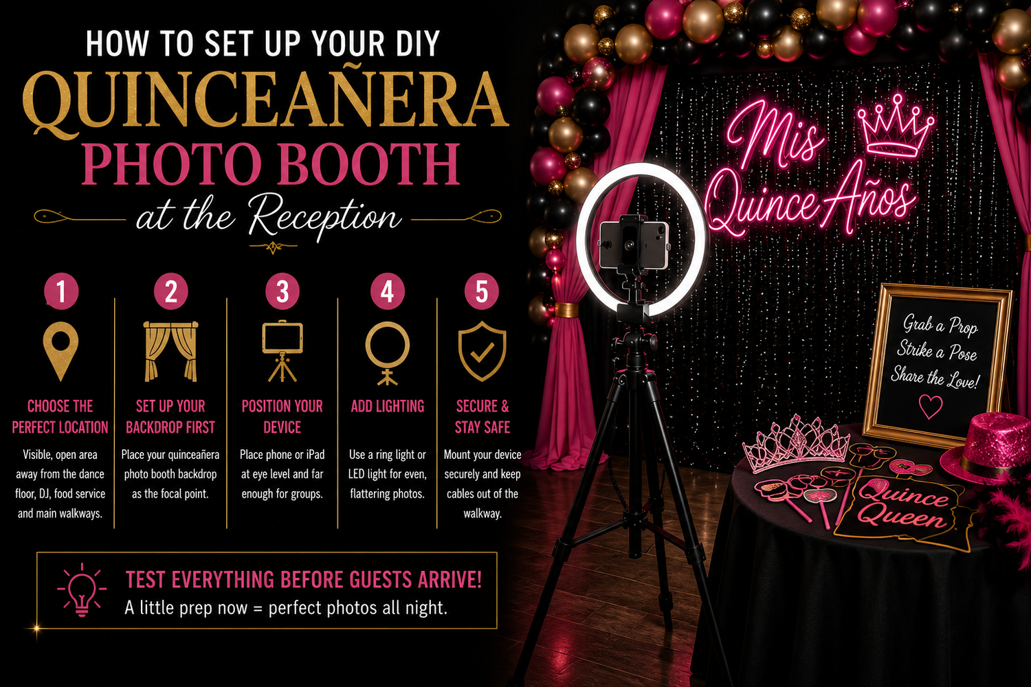 Quinceañera photo booth backdrop ideas using flowers, balloons and DIY decorations for families creating affordable reception photo areas