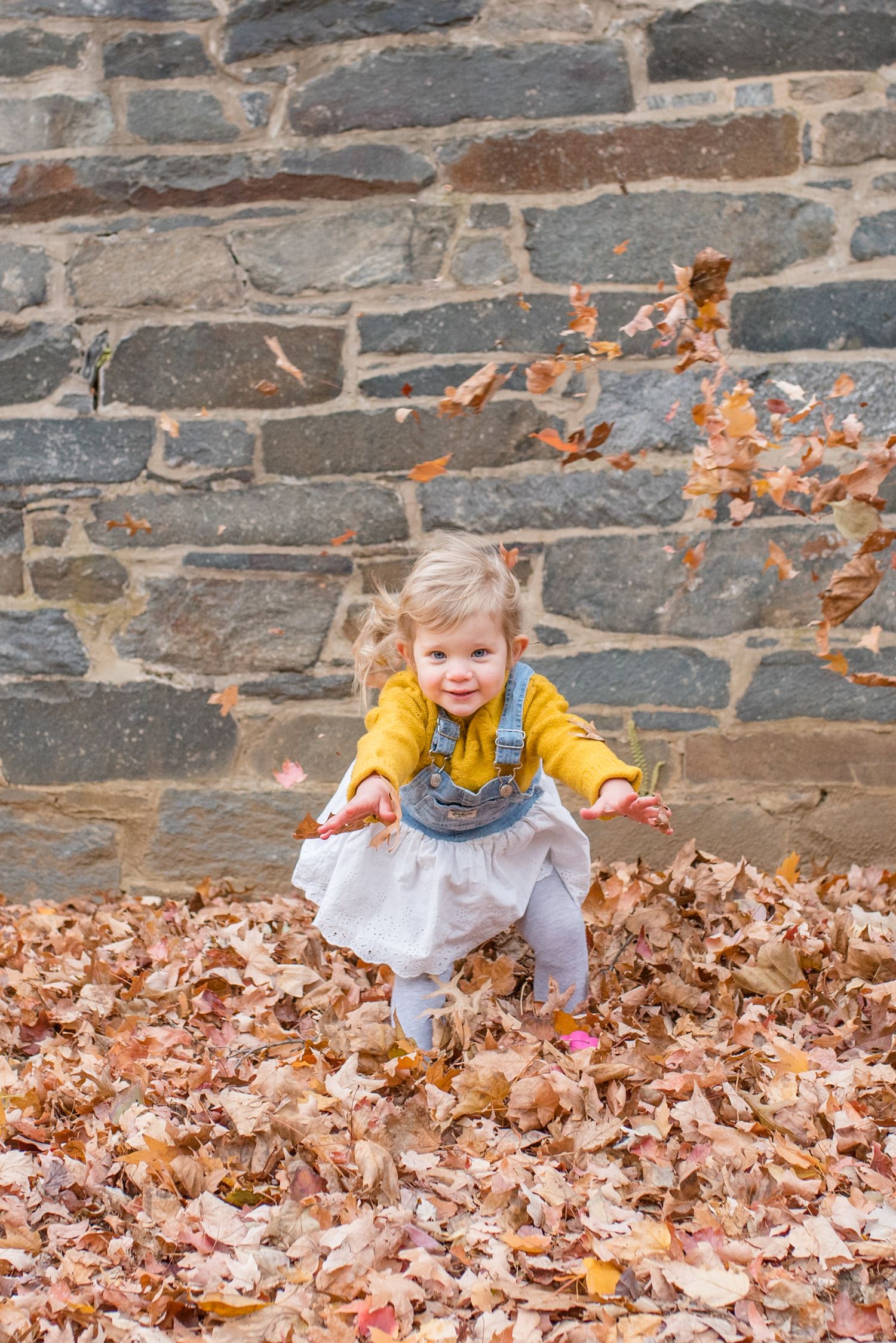 young girl with hands outstretched as leaves float above her during a fall family photo session in the DC area