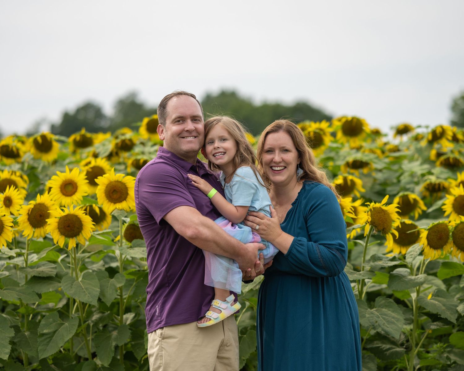 Family of three smiling in a sunflower field, parents holding young daughter, lush yellow blooms filling the background.