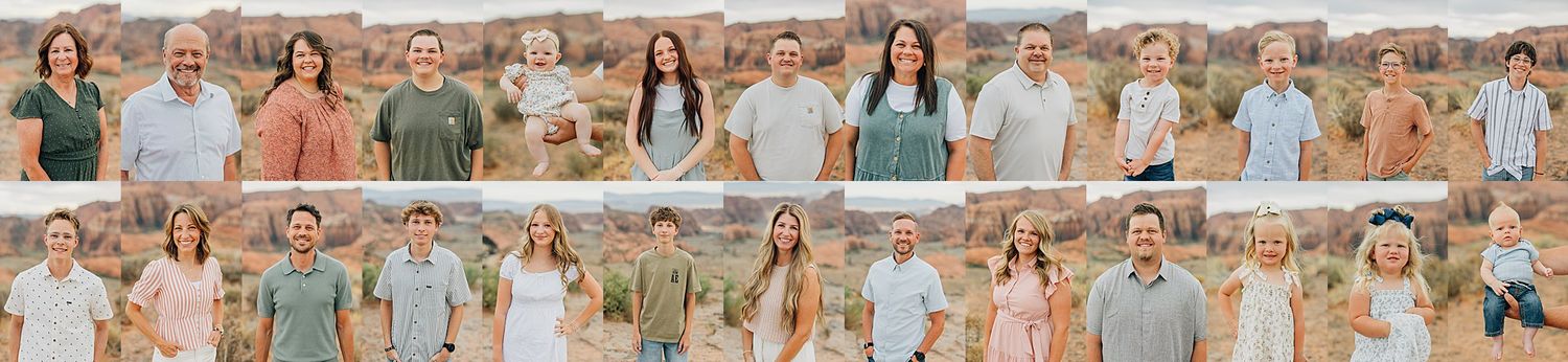 Large extended family posing outdoors in a desert landscape, wearing coordinated neutral and pastel outfits.