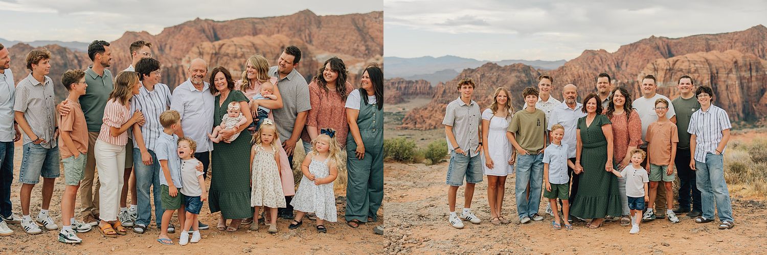Large family group posing together outdoors with stunning red rock canyon landscape in the background during golden hour.