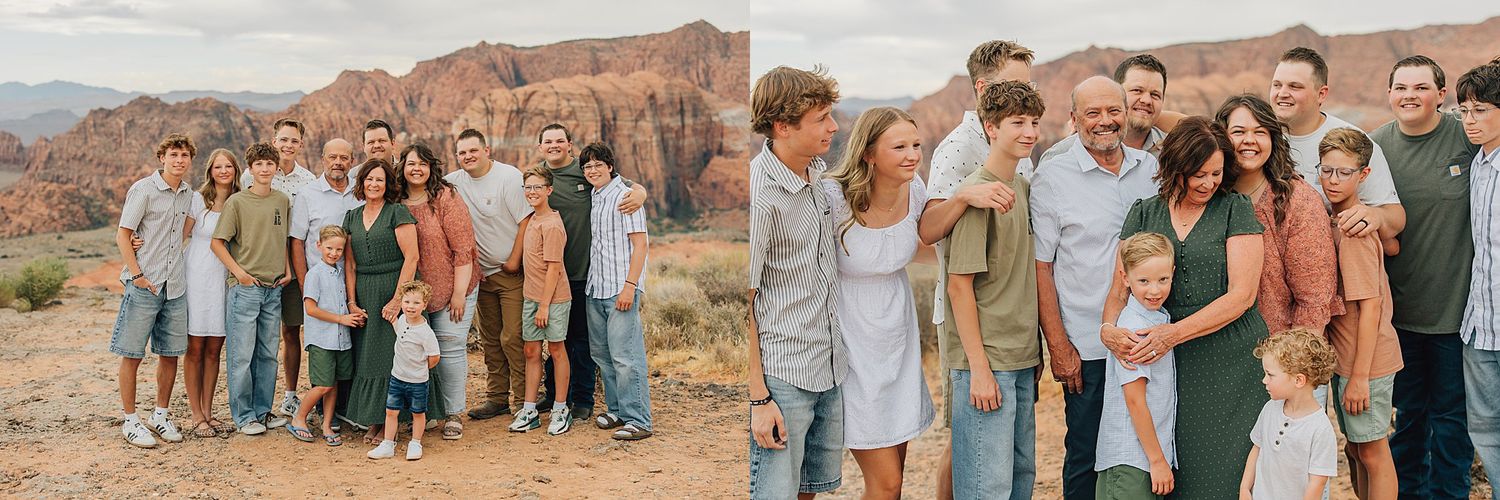 Large extended family poses outdoors in desert landscape with red rock formations during a professional family portrait session.