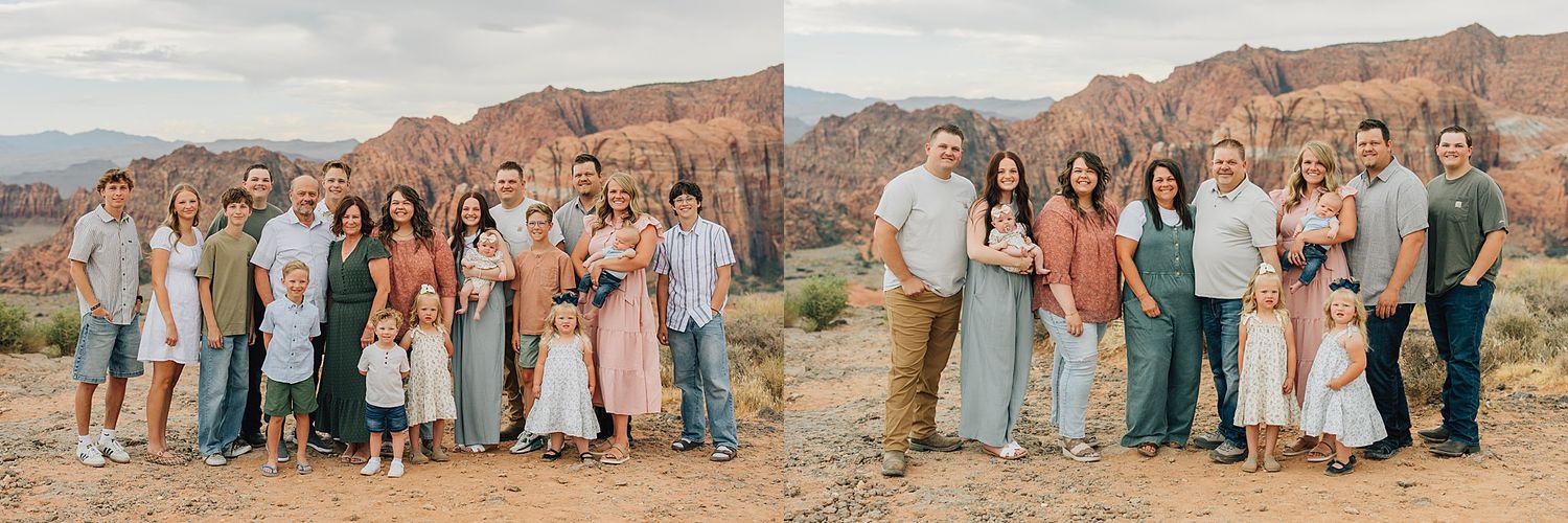 A large extended family poses together outdoors with stunning red rock canyon scenery behind them.